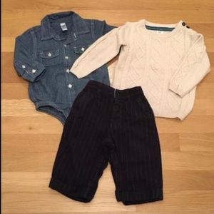 Sweater, chambray shirt and pinstripe pant set